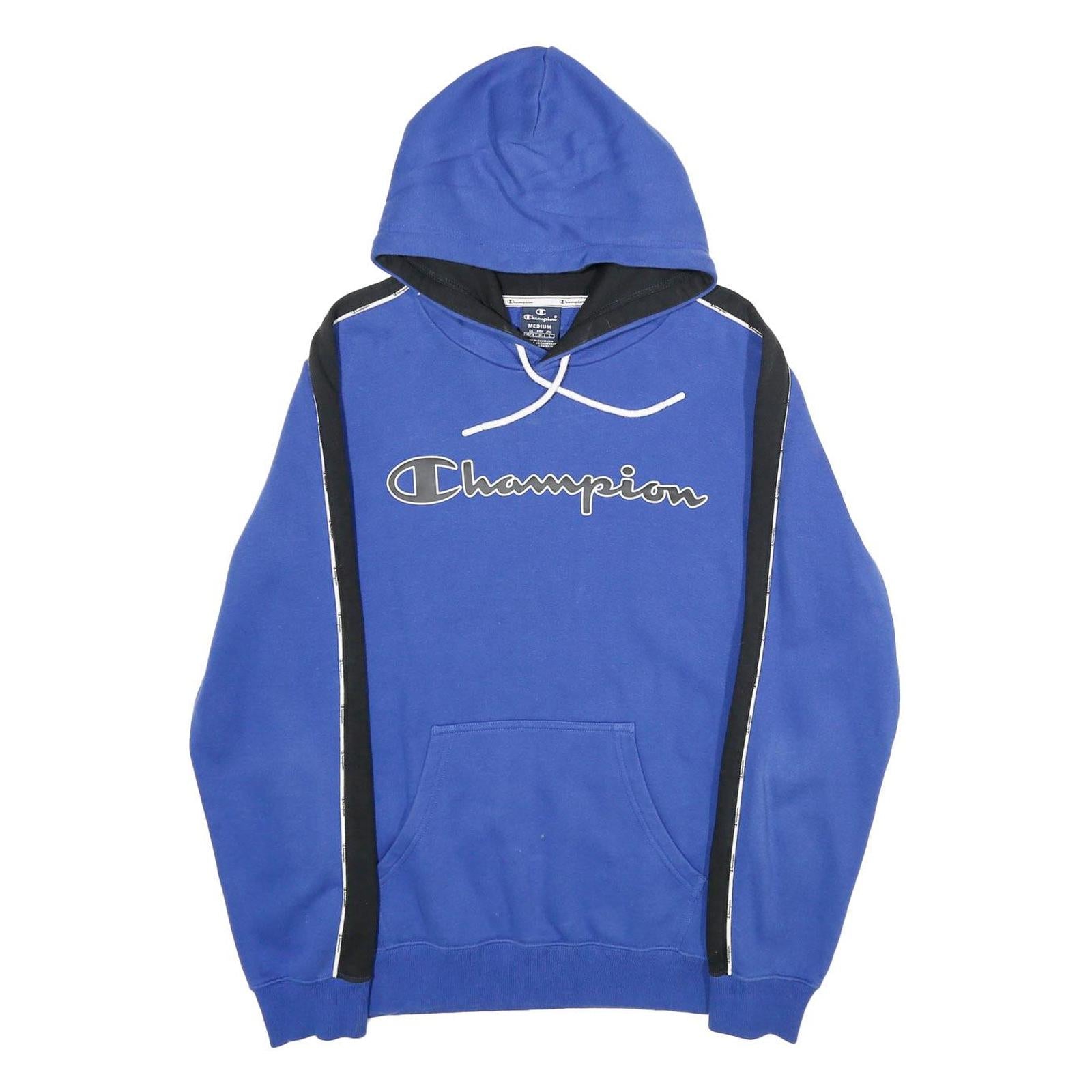 CHAMPION Mens Blue & Black Pullover Hoodie M Chest Logo Cotton Blend