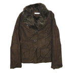 RICKI'S Womens Brown Faux Suede Classic Button Jacket M Soft Plush Collar