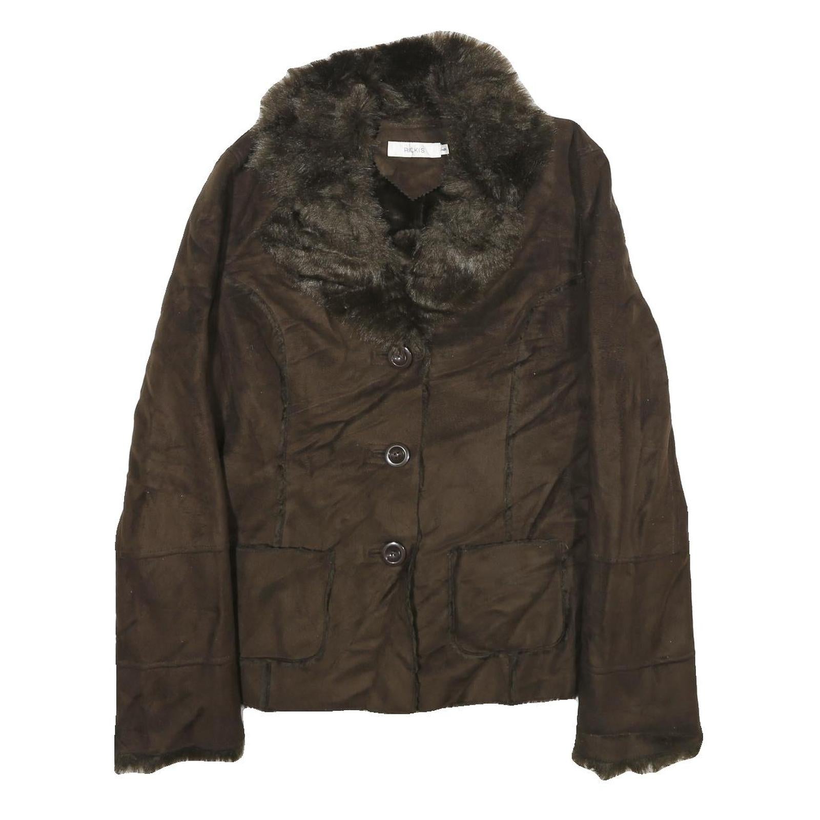 RICKI'S Womens Brown Faux Suede Classic Button Jacket M Soft Plush Collar