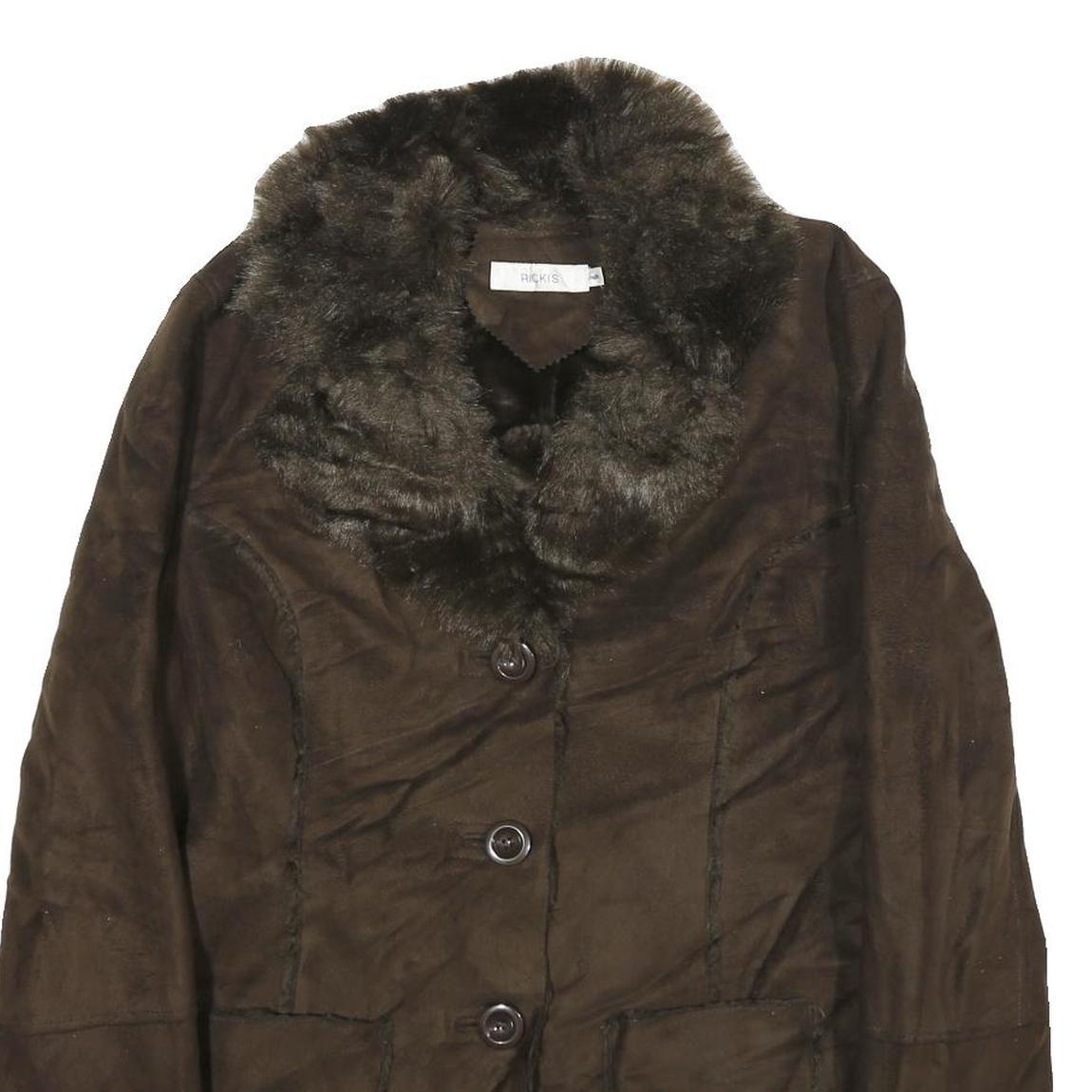 RICKI'S Womens Brown Faux Suede Classic Button Jacket M Soft Plush Collar