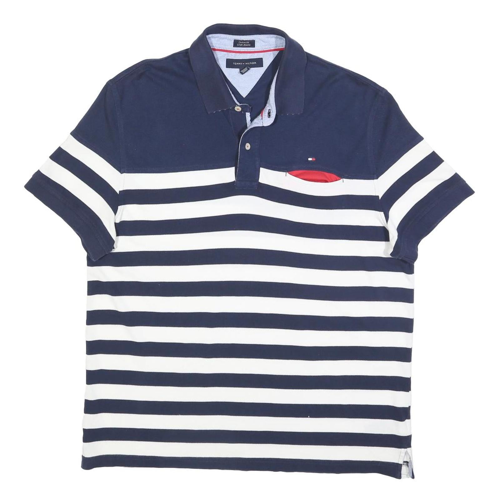 TOMMY HILFIGER Mens Blue & White Stripe Short Sleeve Polo Shirt XL Cotton