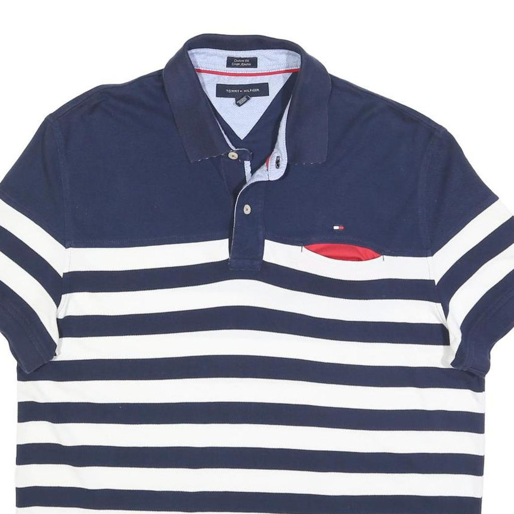 TOMMY HILFIGER Mens Blue & White Stripe Short Sleeve Polo Shirt XL Cotton