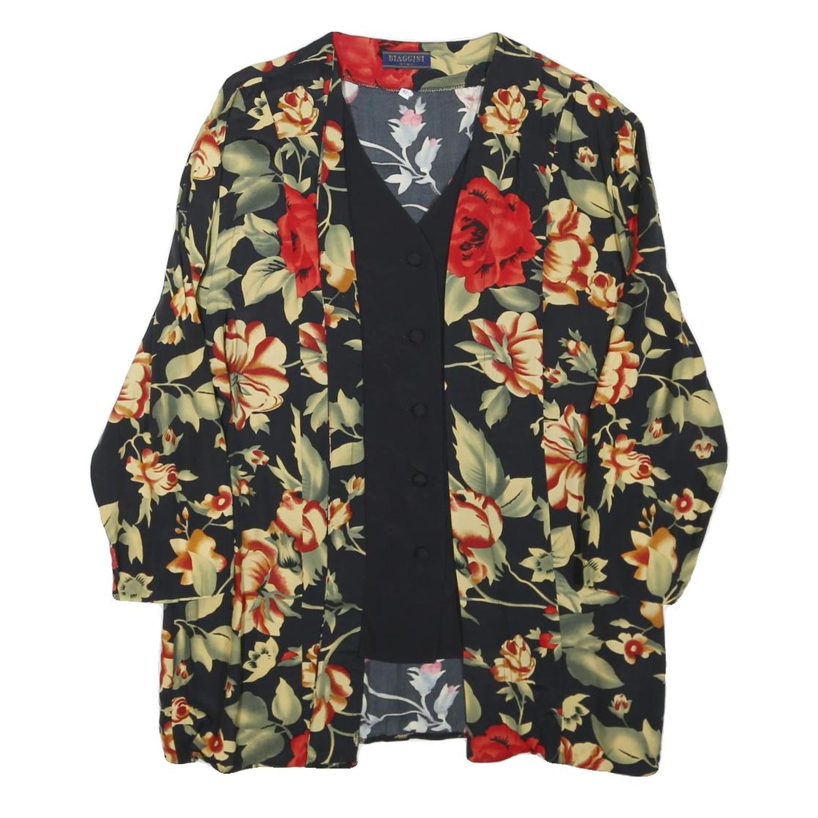 BIAGGINI Womens Black & Red Floral Button Shirt Long Sleeve V-Neck L Elegant