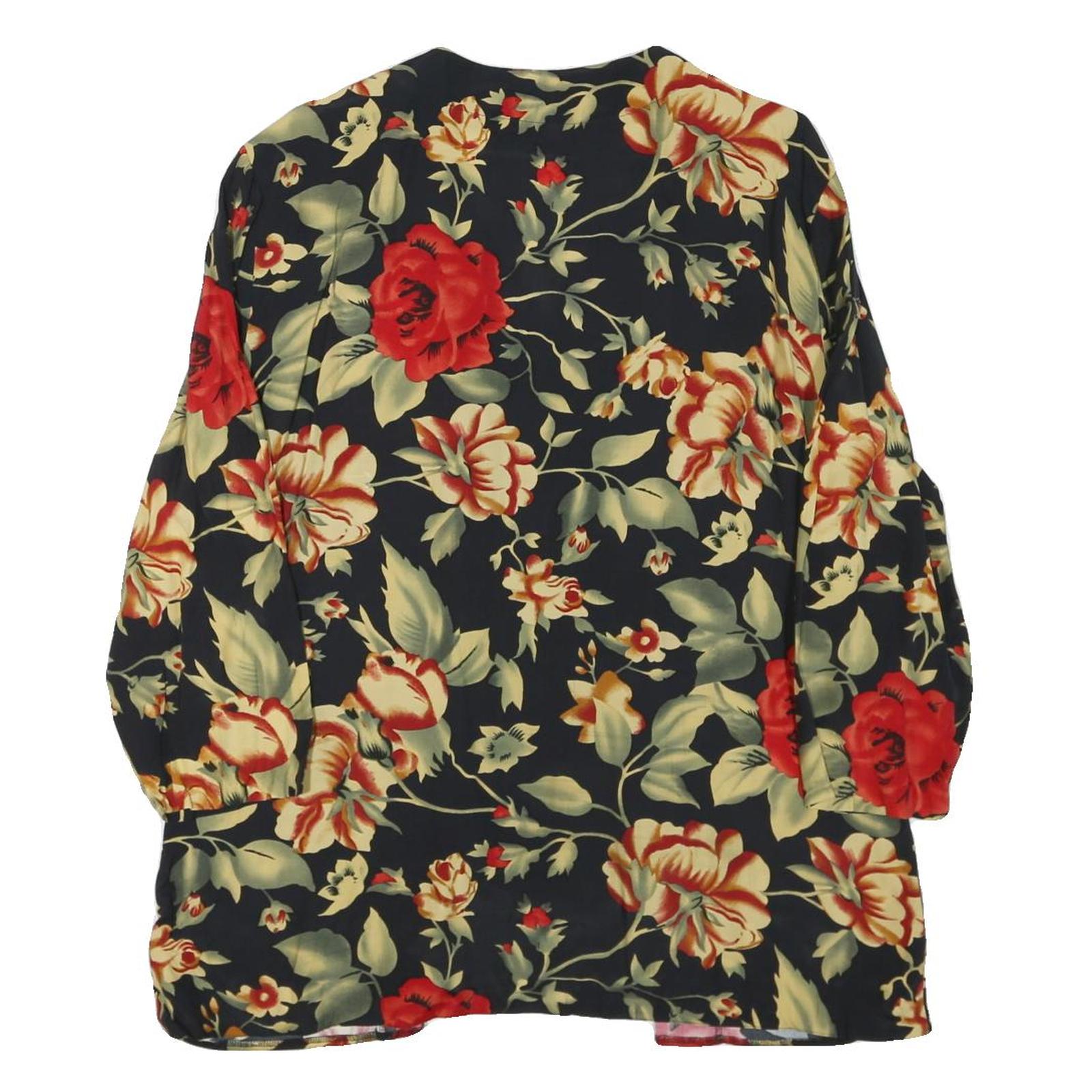 BIAGGINI Womens Black & Red Floral Button Shirt Long Sleeve V-Neck L Elegant