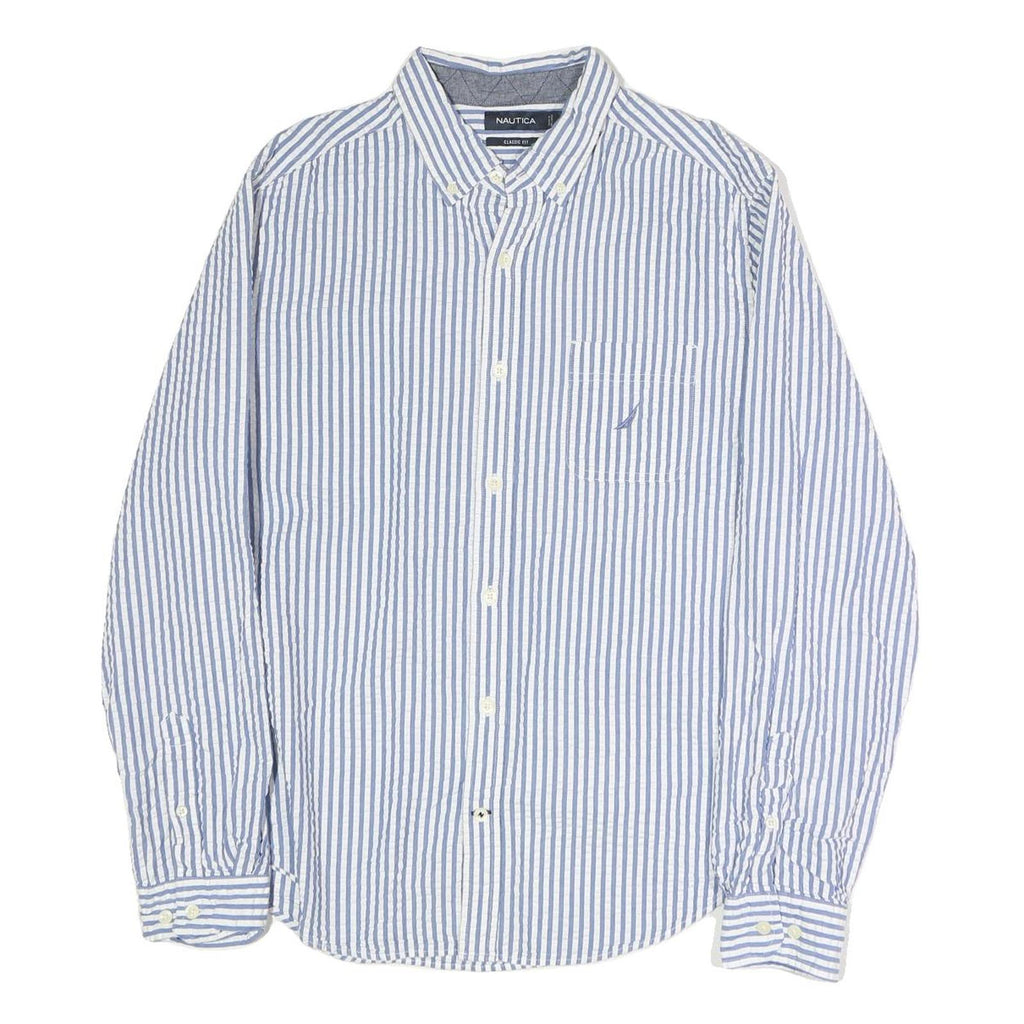 NAUTICA Mens Blue & White Classic Fit L Cotton Blend Shirt Button Down Collar