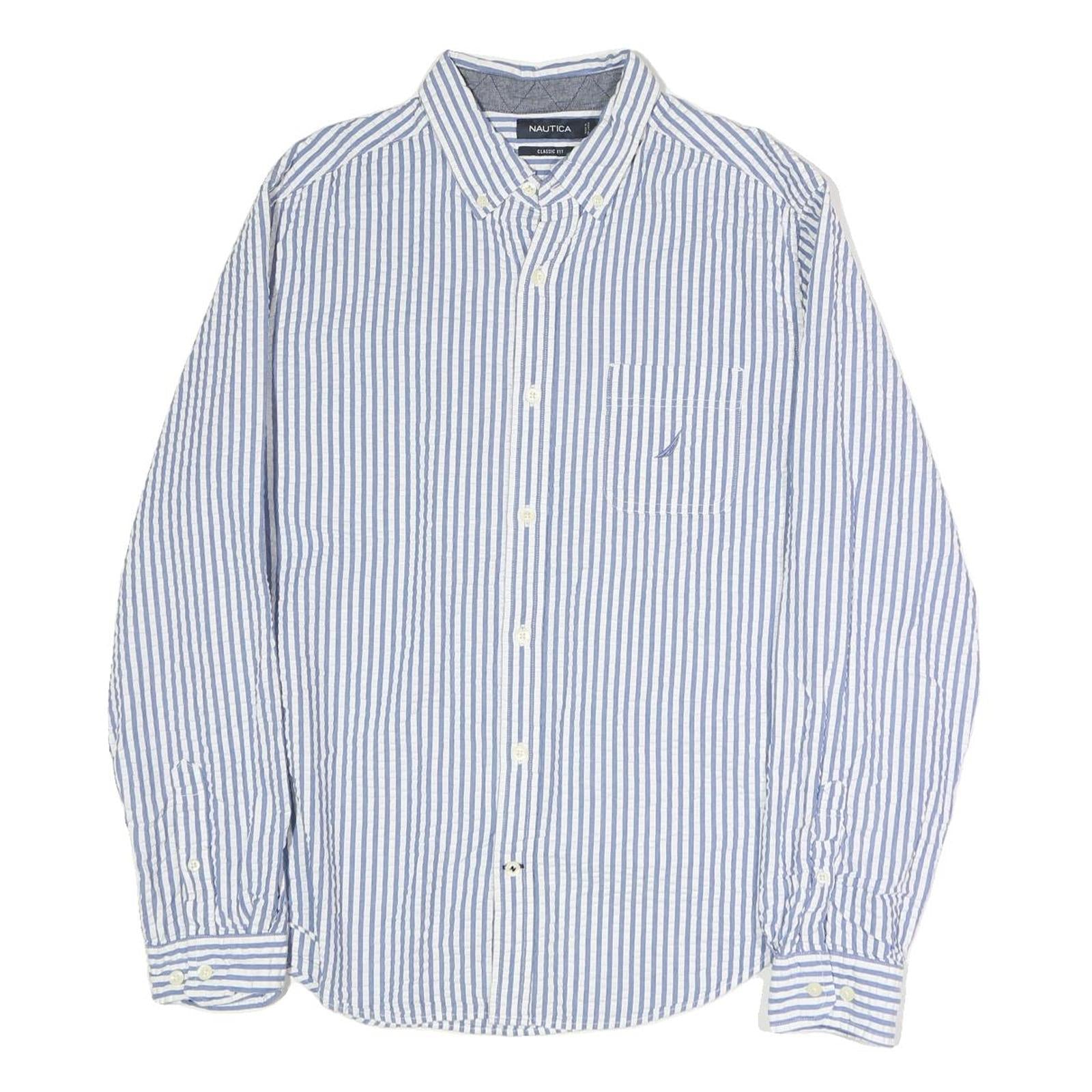 NAUTICA Mens Blue & White Classic Fit L Cotton Blend Shirt Button Down Collar