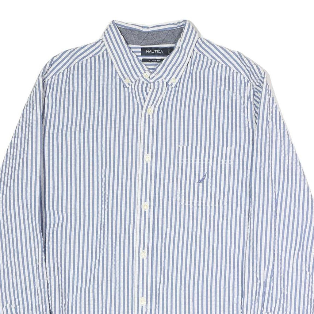 NAUTICA Mens Blue & White Classic Fit L Cotton Blend Shirt Button Down Collar