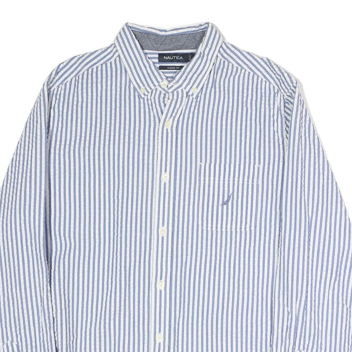 NAUTICA Mens Blue & White Classic Fit L Cotton Blend Shirt Button Down Collar