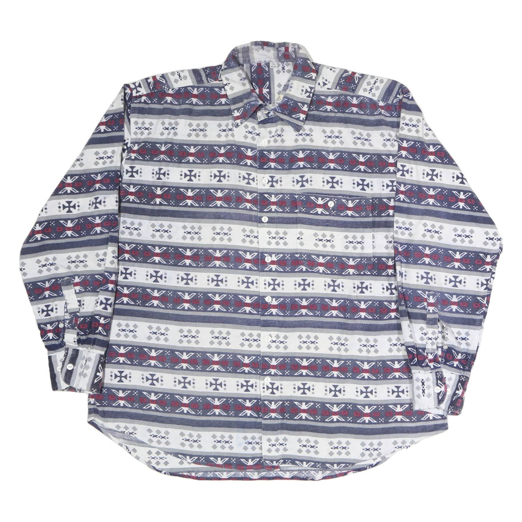 Mens Blue White Red Patterned Cotton Shirt L Long Sleeve Button Closure Casual