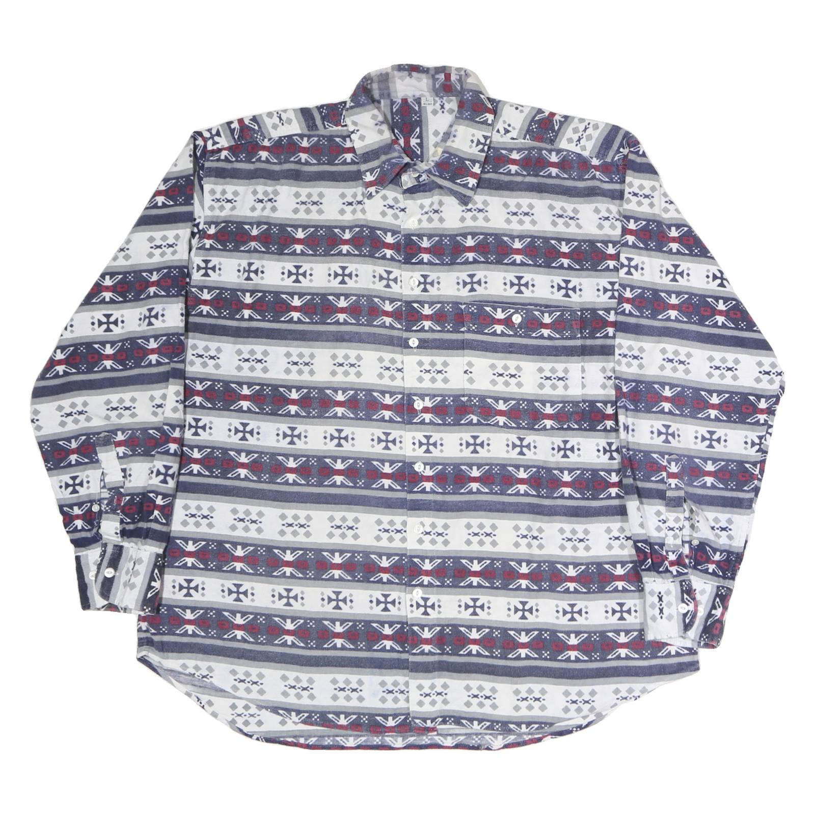Mens Blue White Red Patterned Cotton Shirt L Long Sleeve Button Closure Casual