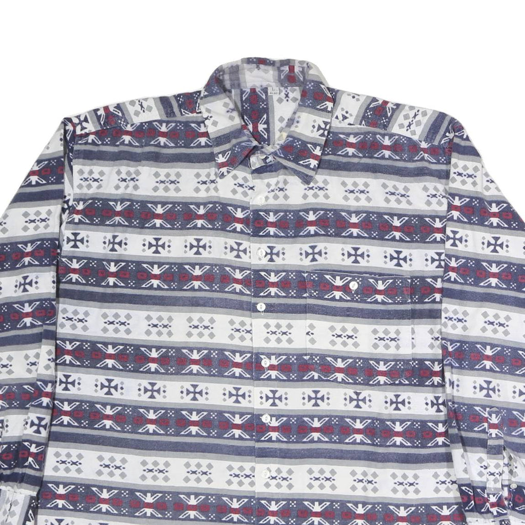 Mens Blue White Red Patterned Cotton Shirt L Long Sleeve Button Closure Casual