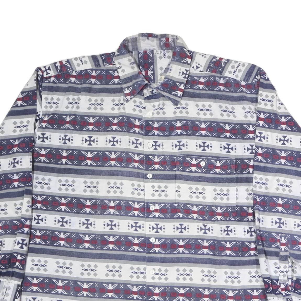 Mens Blue White Red Patterned Cotton Shirt L Long Sleeve Button Closure Casual