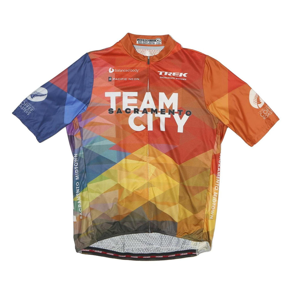 JAKROO Mens Orange & Blue Cycling T-Shirt L Short Sleeve Zip Neck