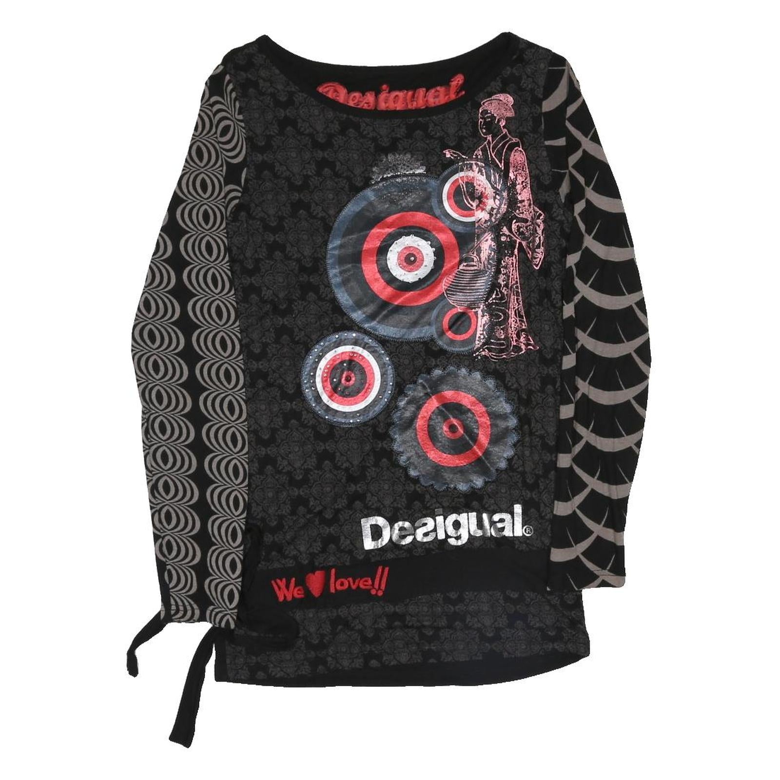 DESIGUAL Y2K Womens Black Printed Long Sleeve Round Neck Cotton Blend Top M