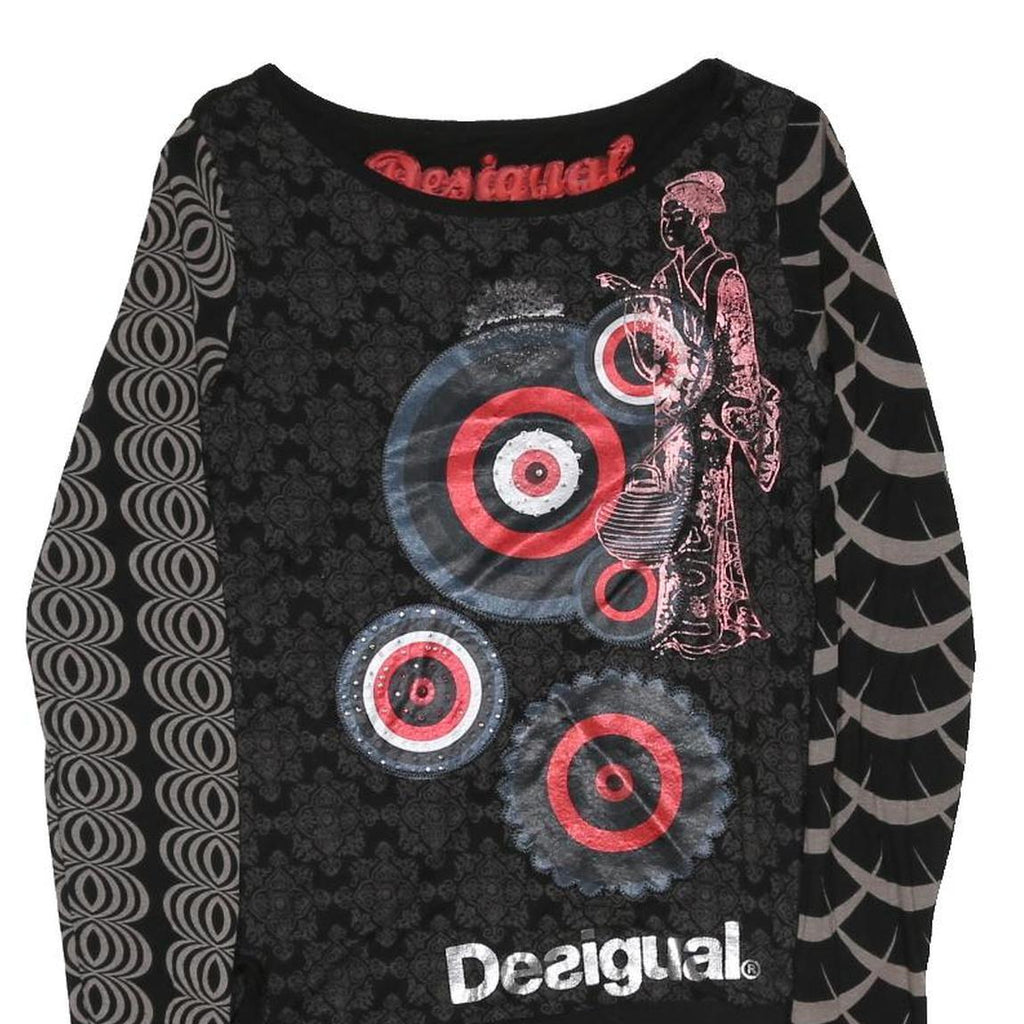 DESIGUAL Y2K Womens Black Printed Long Sleeve Round Neck Cotton Blend Top M