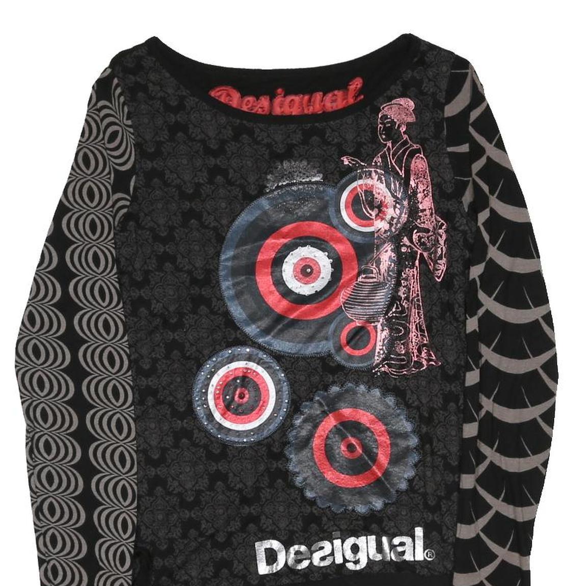 DESIGUAL Y2K Womens Black Printed Long Sleeve Round Neck Cotton Blend Top M