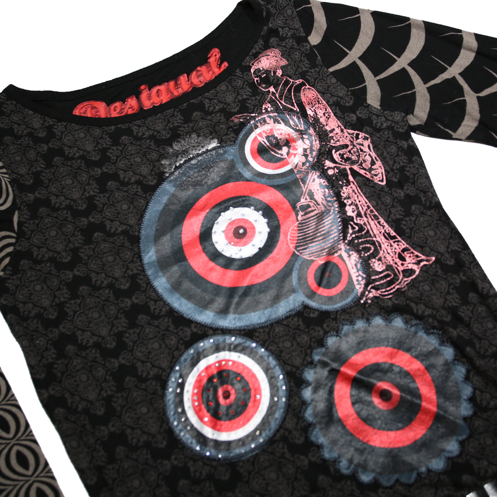 DESIGUAL Y2K Womens Black Printed Long Sleeve Round Neck Cotton Blend Top M