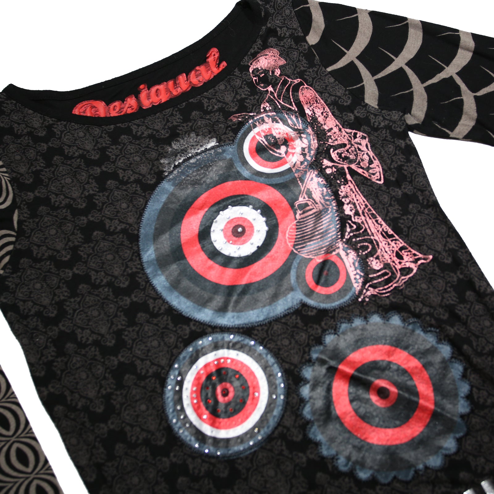DESIGUAL Y2K Womens Black Printed Long Sleeve Round Neck Cotton Blend Top M