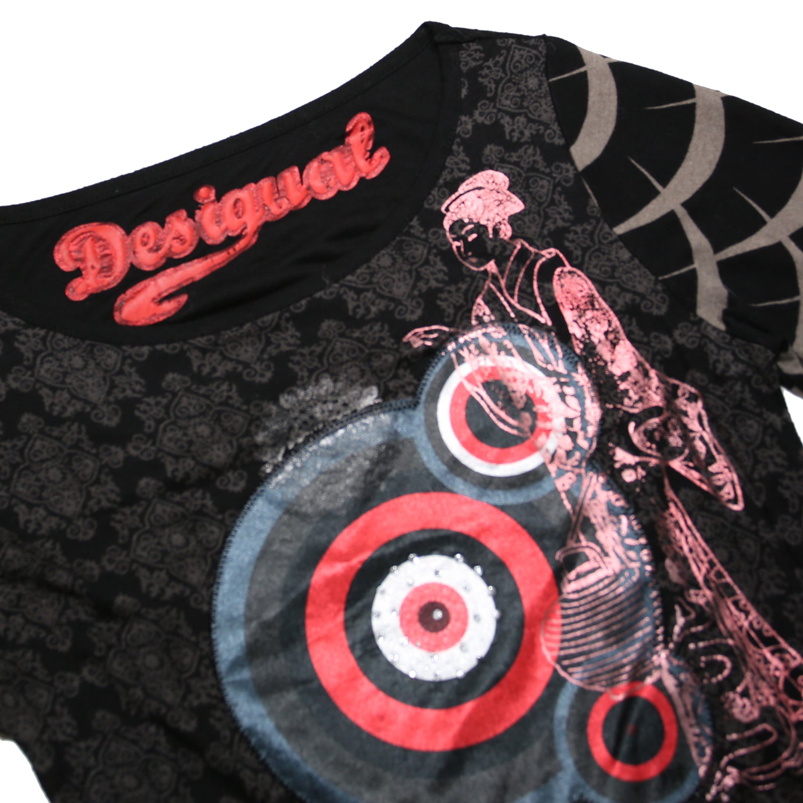 DESIGUAL Y2K Womens Black Printed Long Sleeve Round Neck Cotton Blend Top M