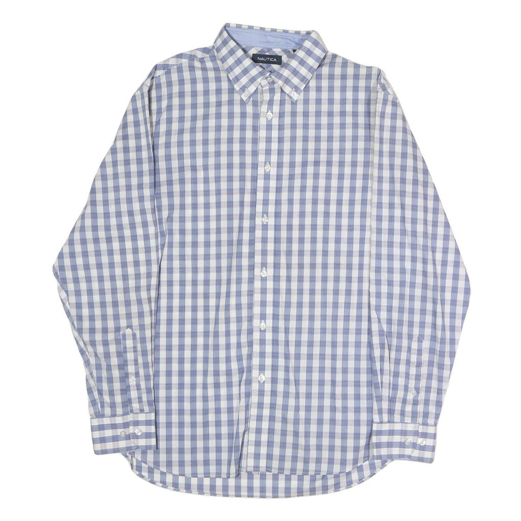 NAUTICA Mens Blue & White Check Shirt L Cotton Blend Button Down Collar Long