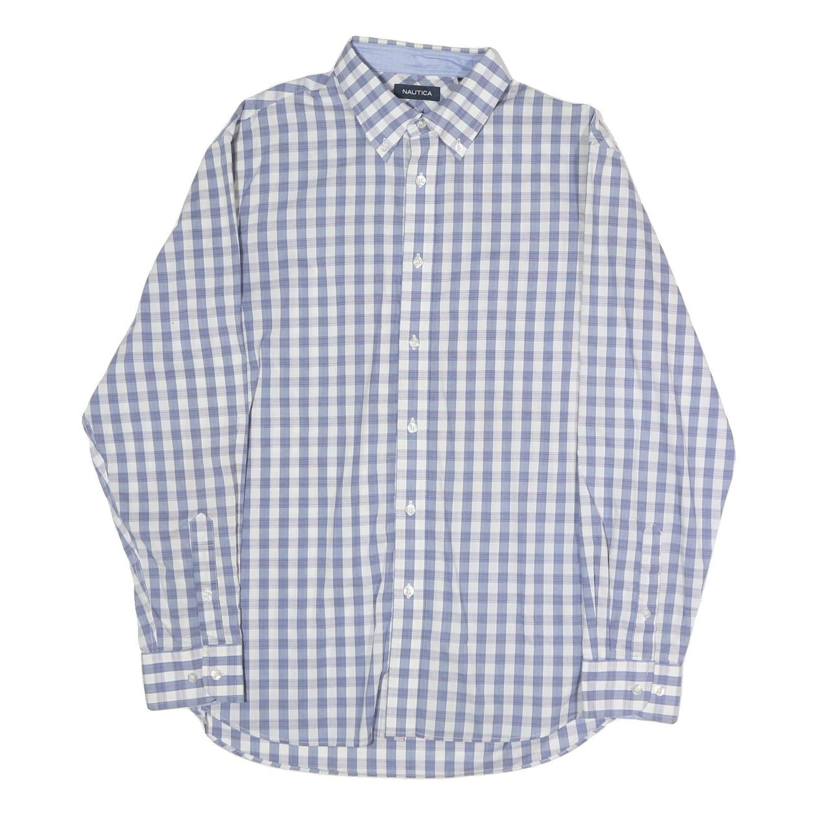 NAUTICA Mens Blue & White Check Shirt L Cotton Blend Button Down Collar Long