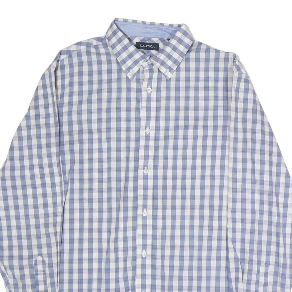 NAUTICA Mens Blue & White Check Shirt L Cotton Blend Button Down Collar Long