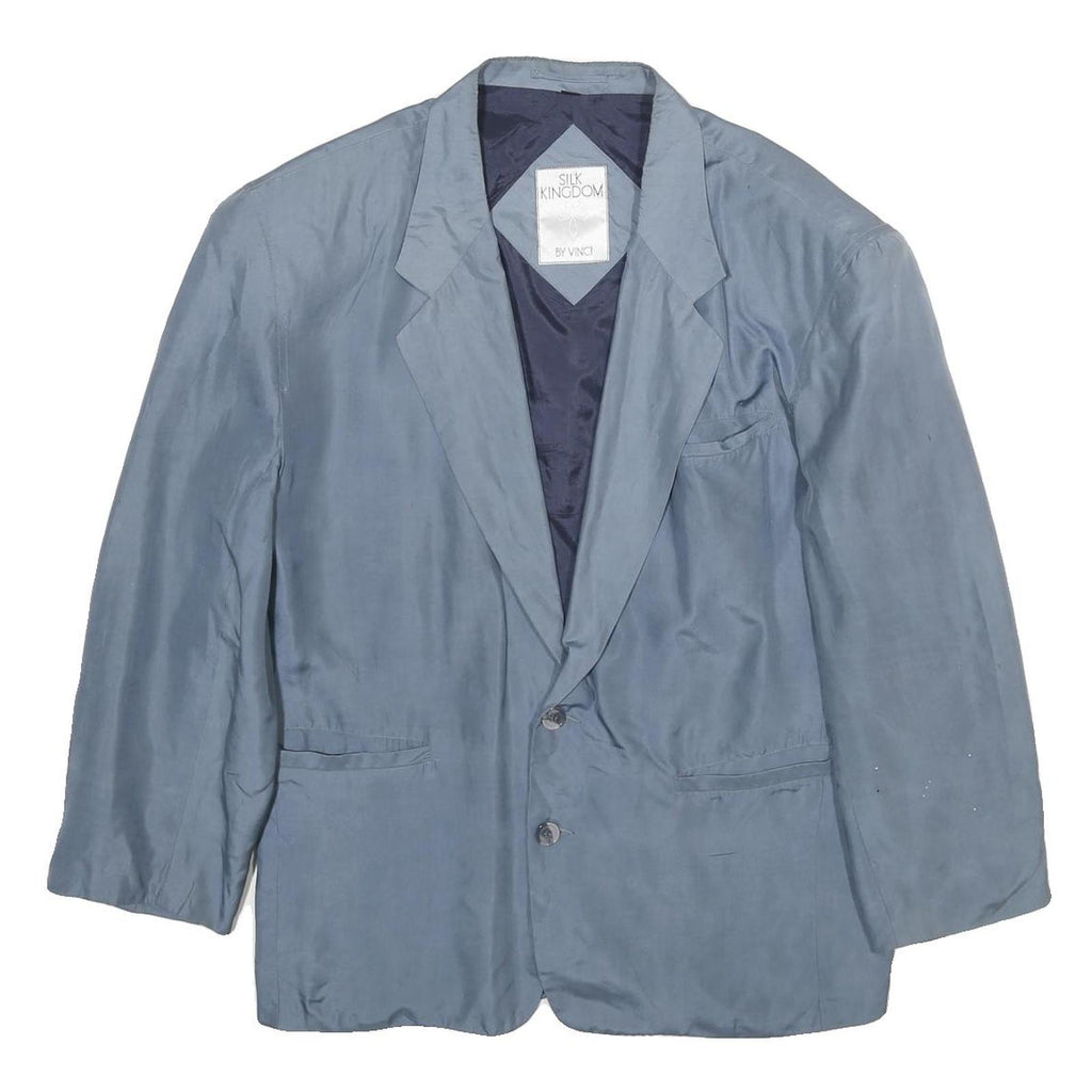 VINCI Mens Blue Silk Button Jacket S Plain Formal Lightweight Classic Tailored