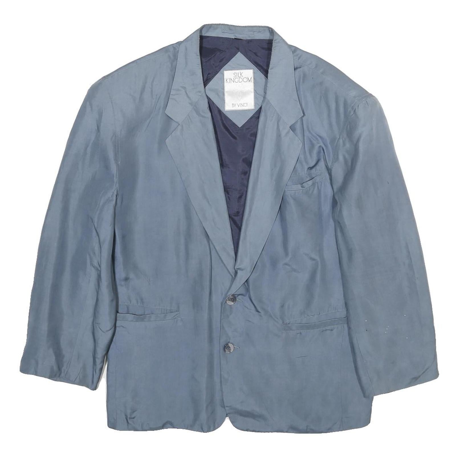 VINCI Mens Blue Silk Button Jacket S Plain Formal Lightweight Classic Tailored