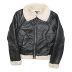 H&M Womens Black & Cream Faux Shearling Flight Jacket S Polyester Zip Casual