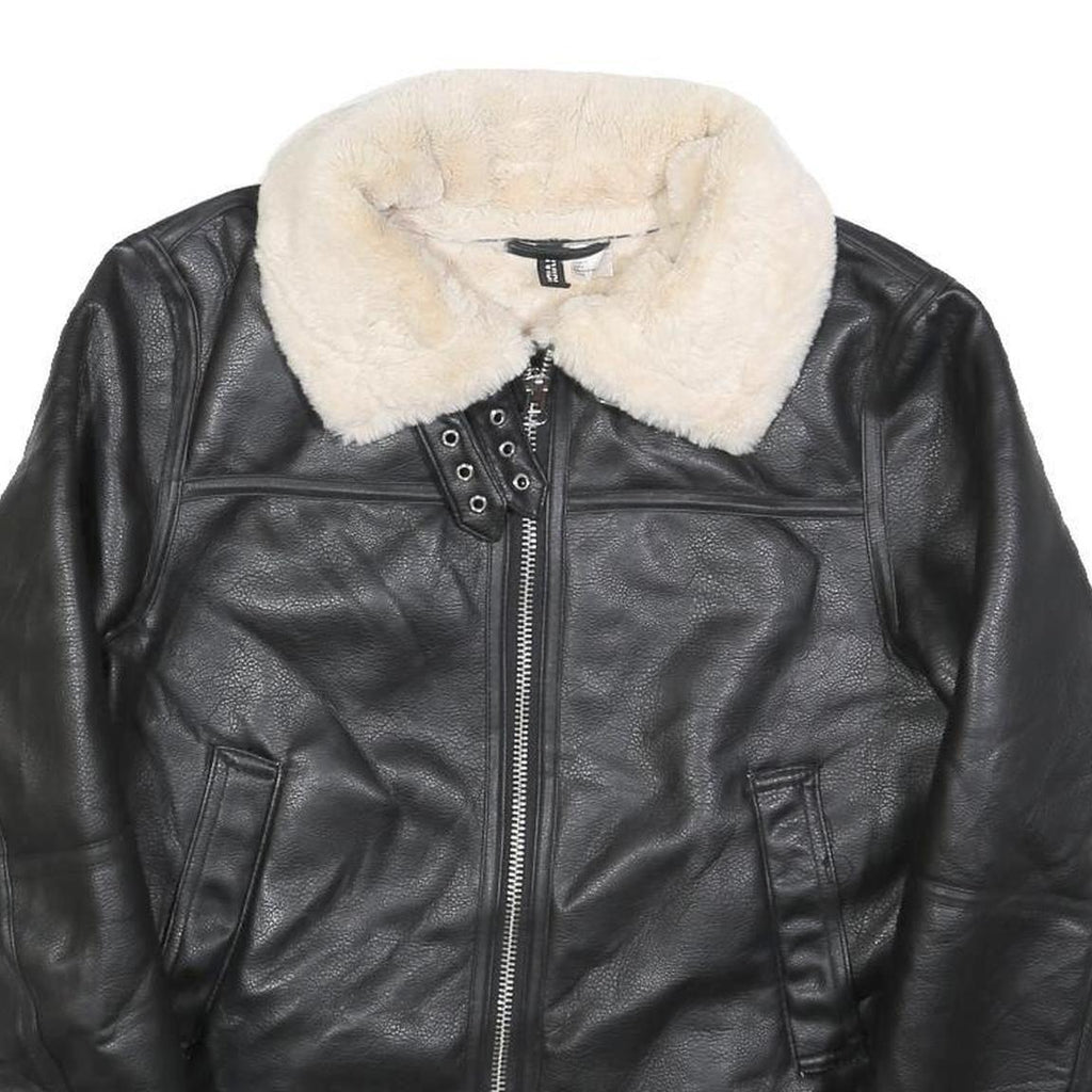 H&M Womens Black & Cream Faux Shearling Flight Jacket S Polyester Zip Casual