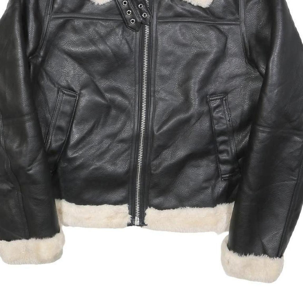 H&M Womens Black & Cream Faux Shearling Flight Jacket S Polyester Zip Casual