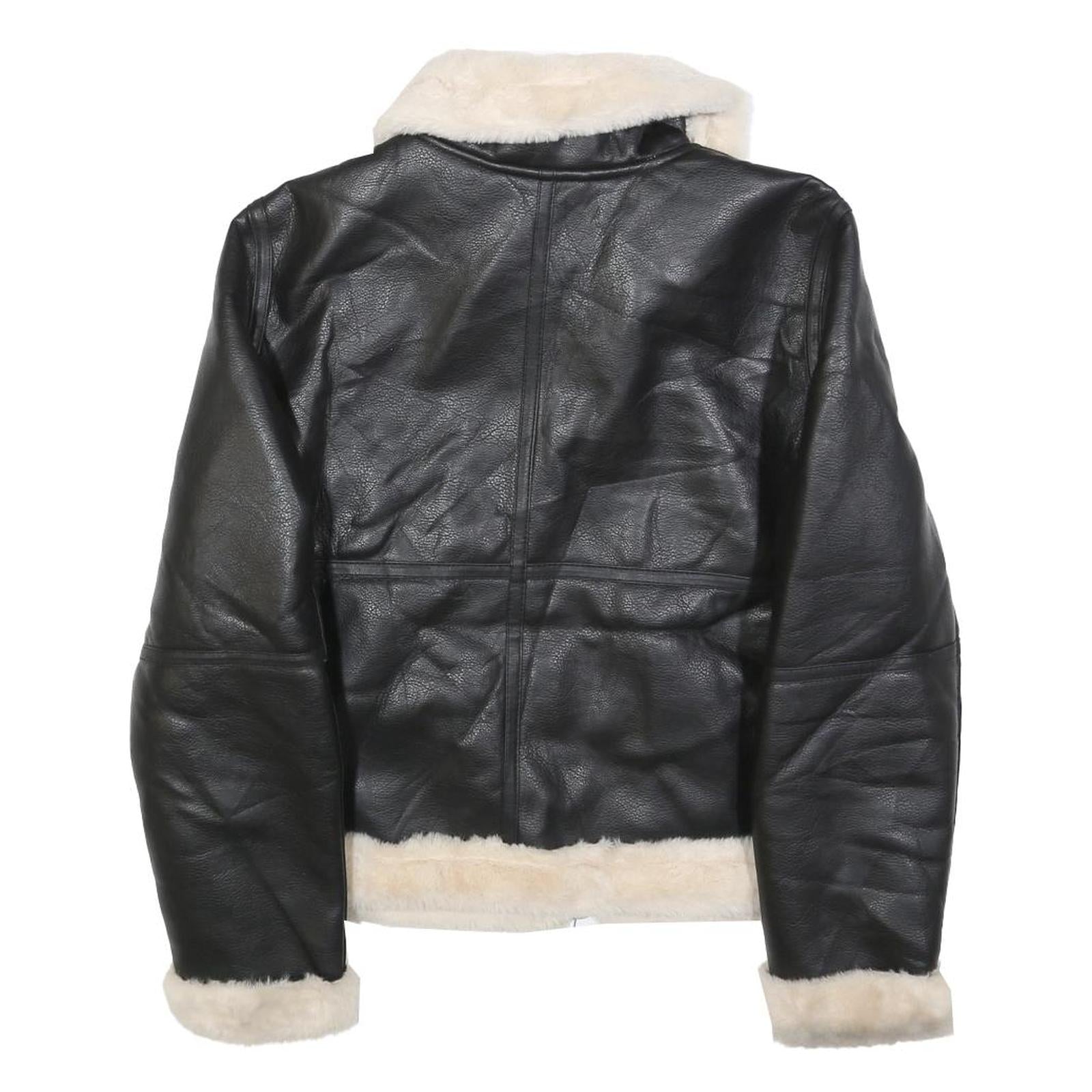 H&M Womens Black & Cream Faux Shearling Flight Jacket S Polyester Zip Casual