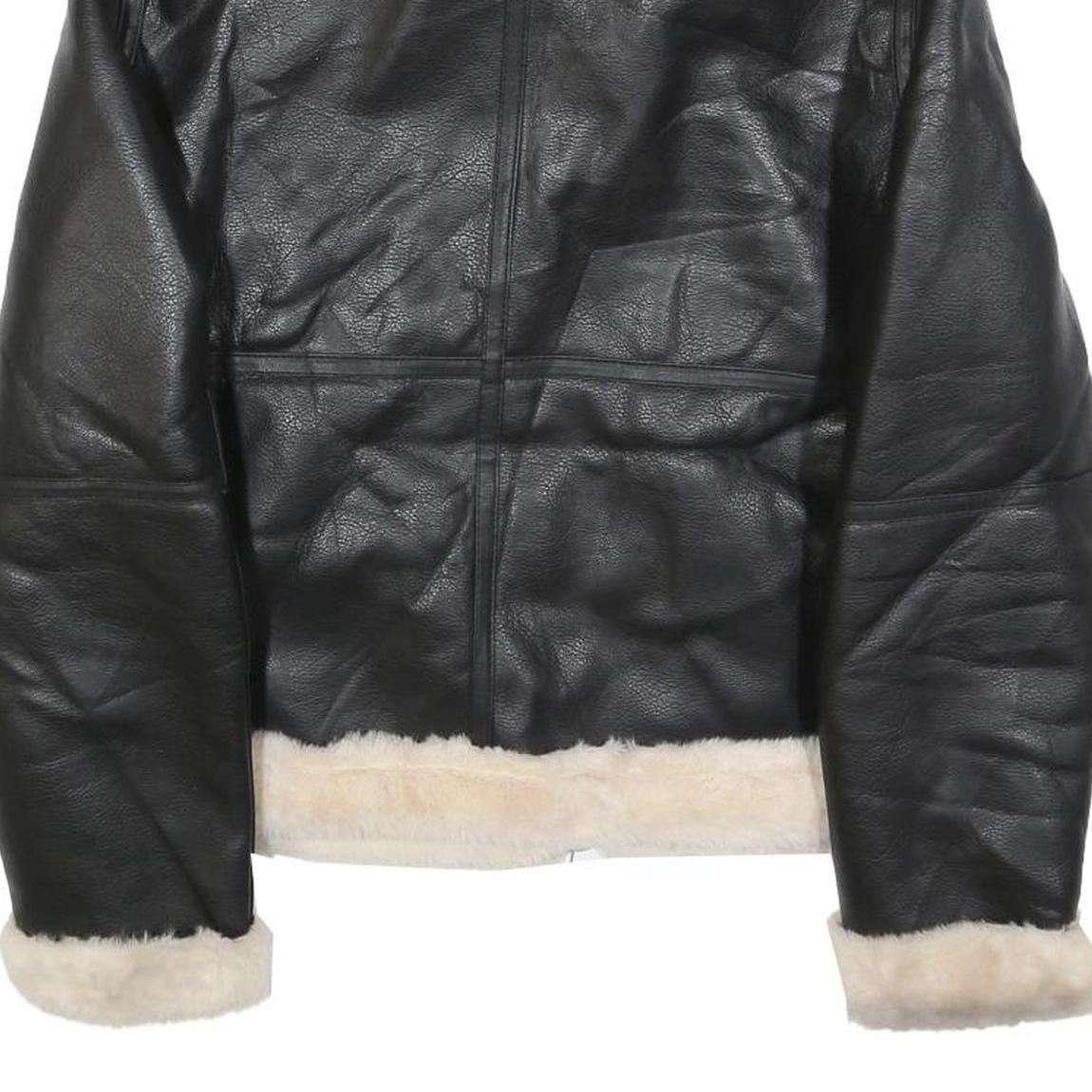 H&M Womens Black & Cream Faux Shearling Flight Jacket S Polyester Zip Casual