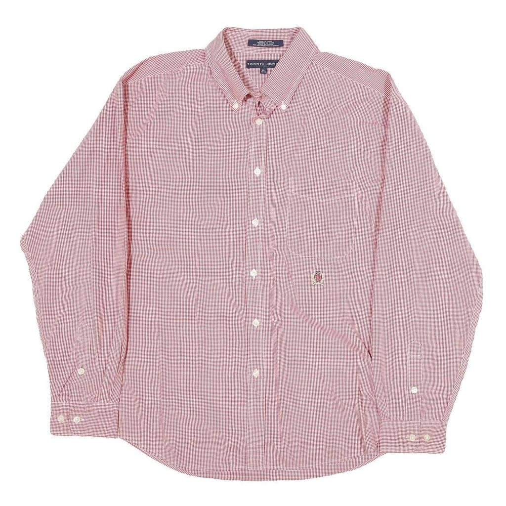 TOMMY HILFIGER Mens Red & White Check Shirt XL Button Down Long Sleeve Cotton