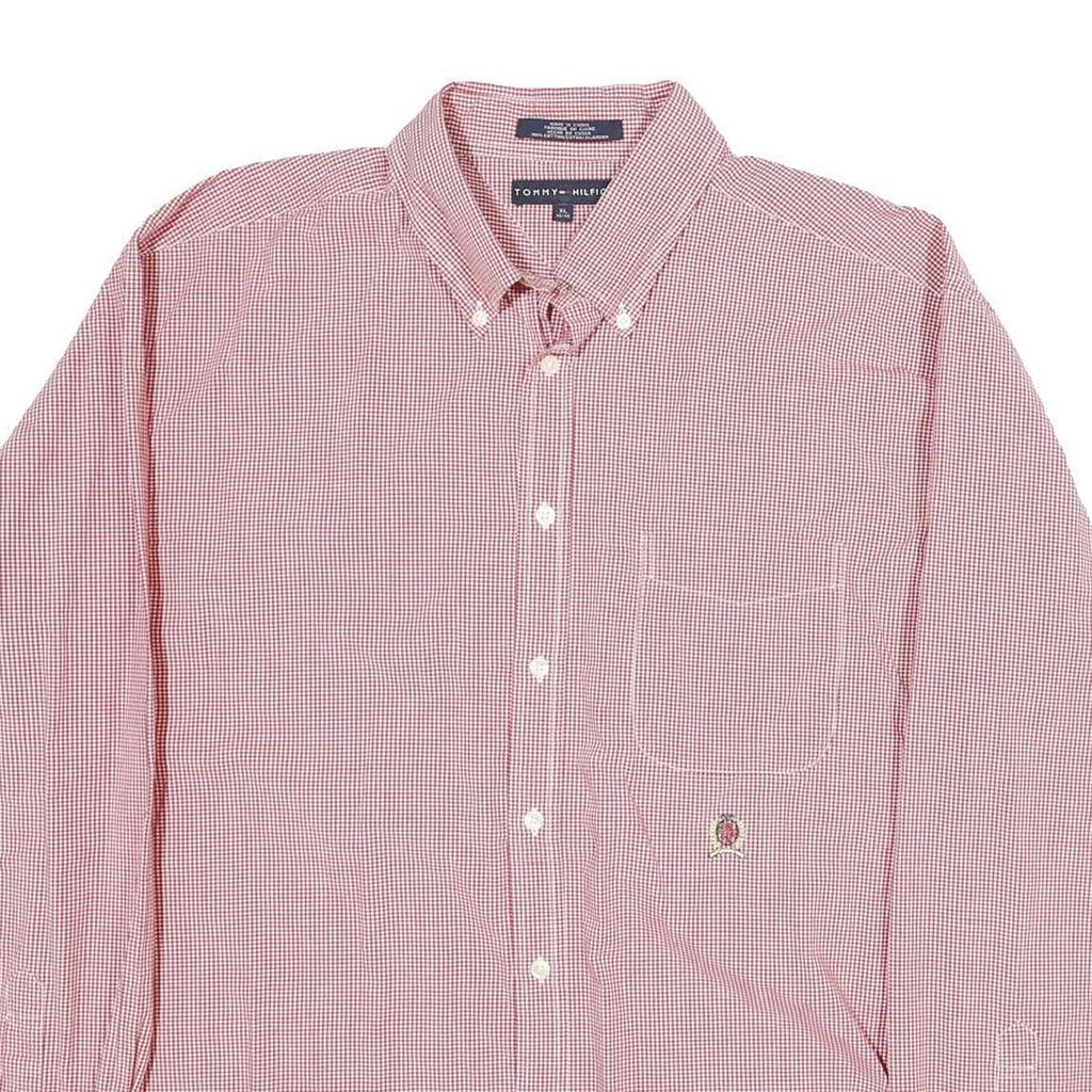 TOMMY HILFIGER Mens Red & White Check Shirt XL Button Down Long Sleeve Cotton