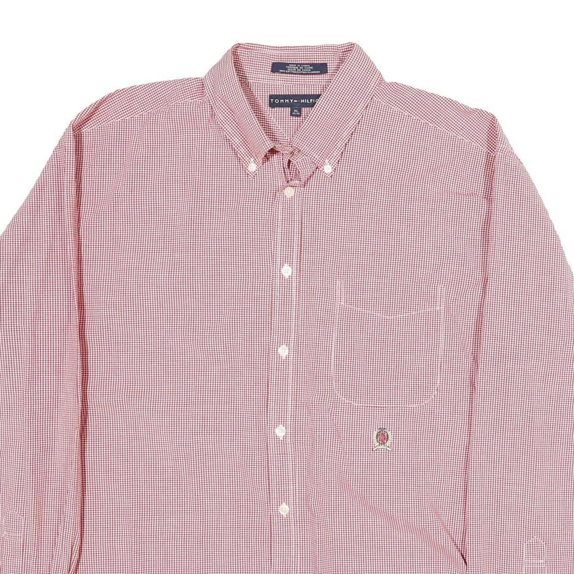 TOMMY HILFIGER Mens Red & White Check Shirt XL Button Down Long Sleeve Cotton