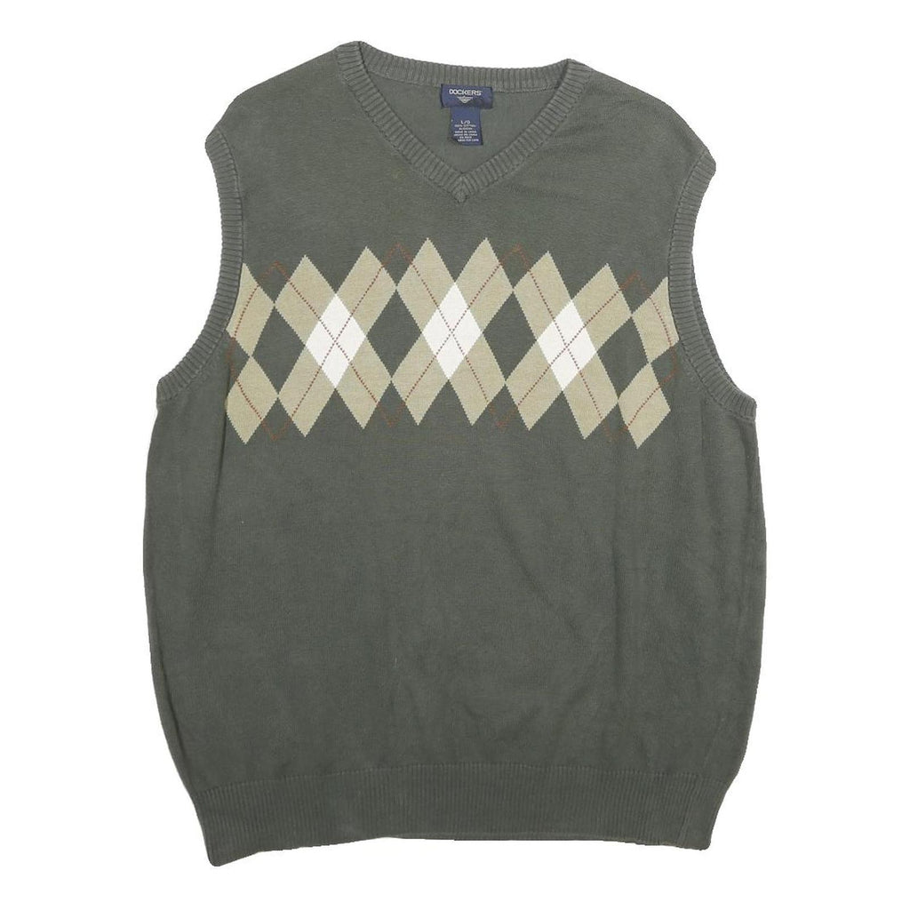 DOCKERS Mens Grey Beige Argyle Cotton Sleeveless V-Neck Jumper L Classic