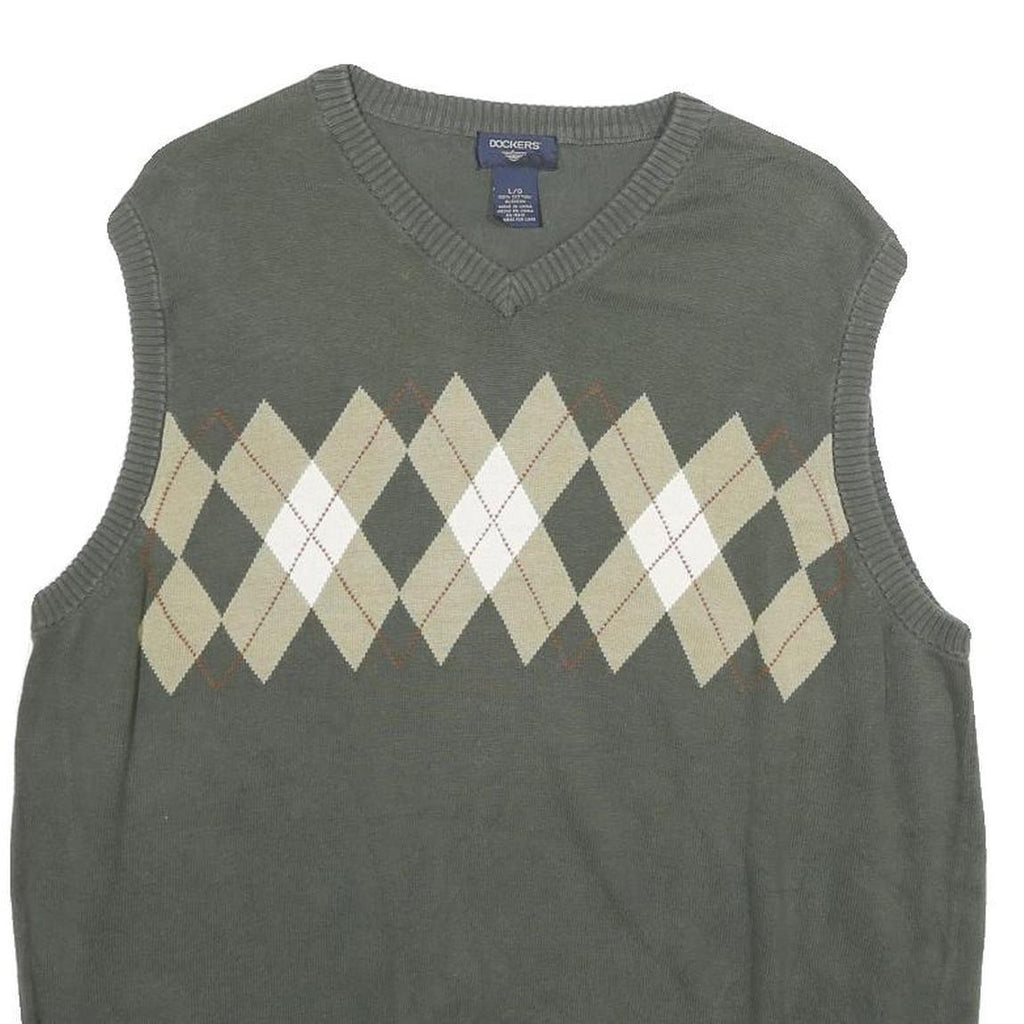 DOCKERS Mens Grey Beige Argyle Cotton Sleeveless V-Neck Jumper L Classic