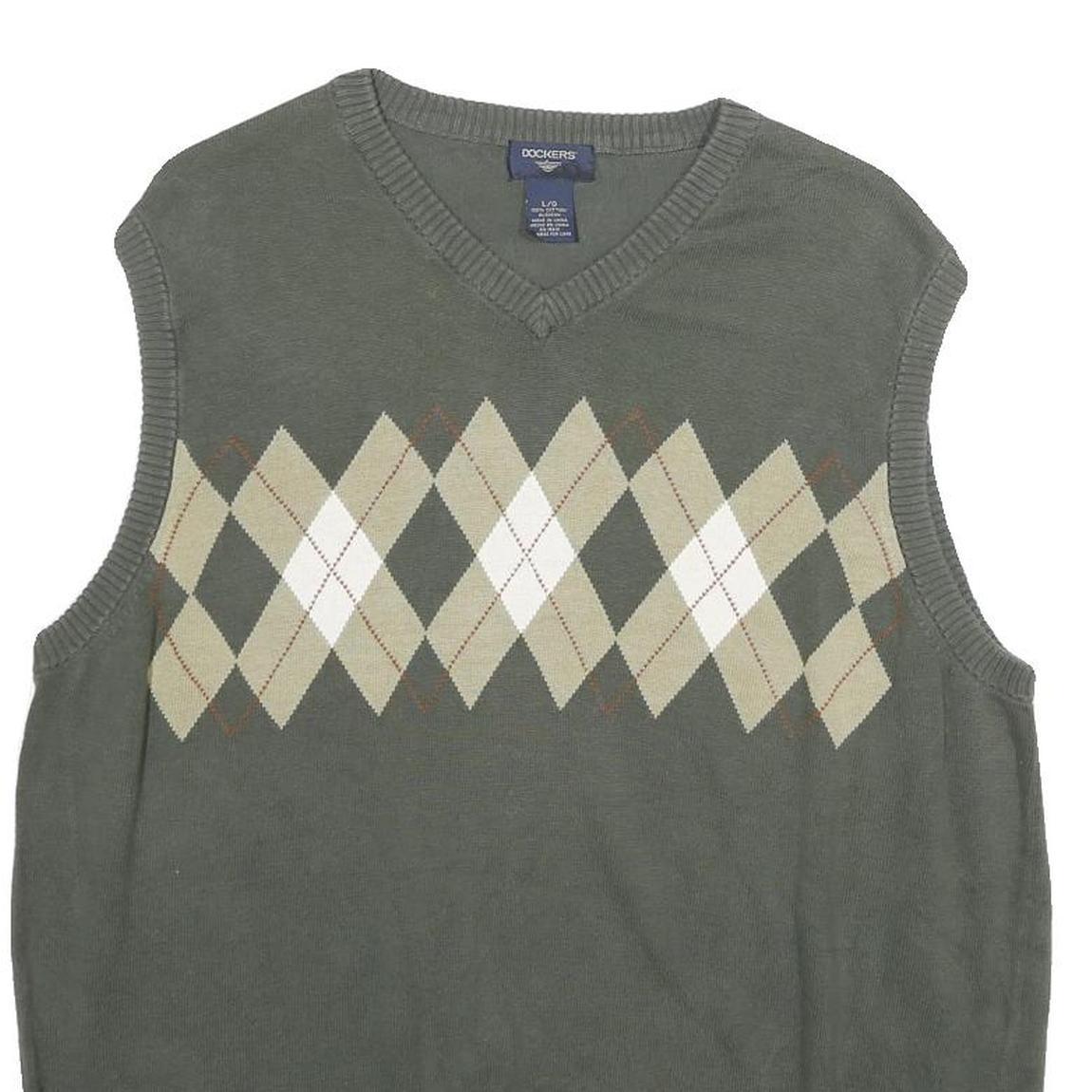 DOCKERS Mens Grey Beige Argyle Cotton Sleeveless V-Neck Jumper L Classic