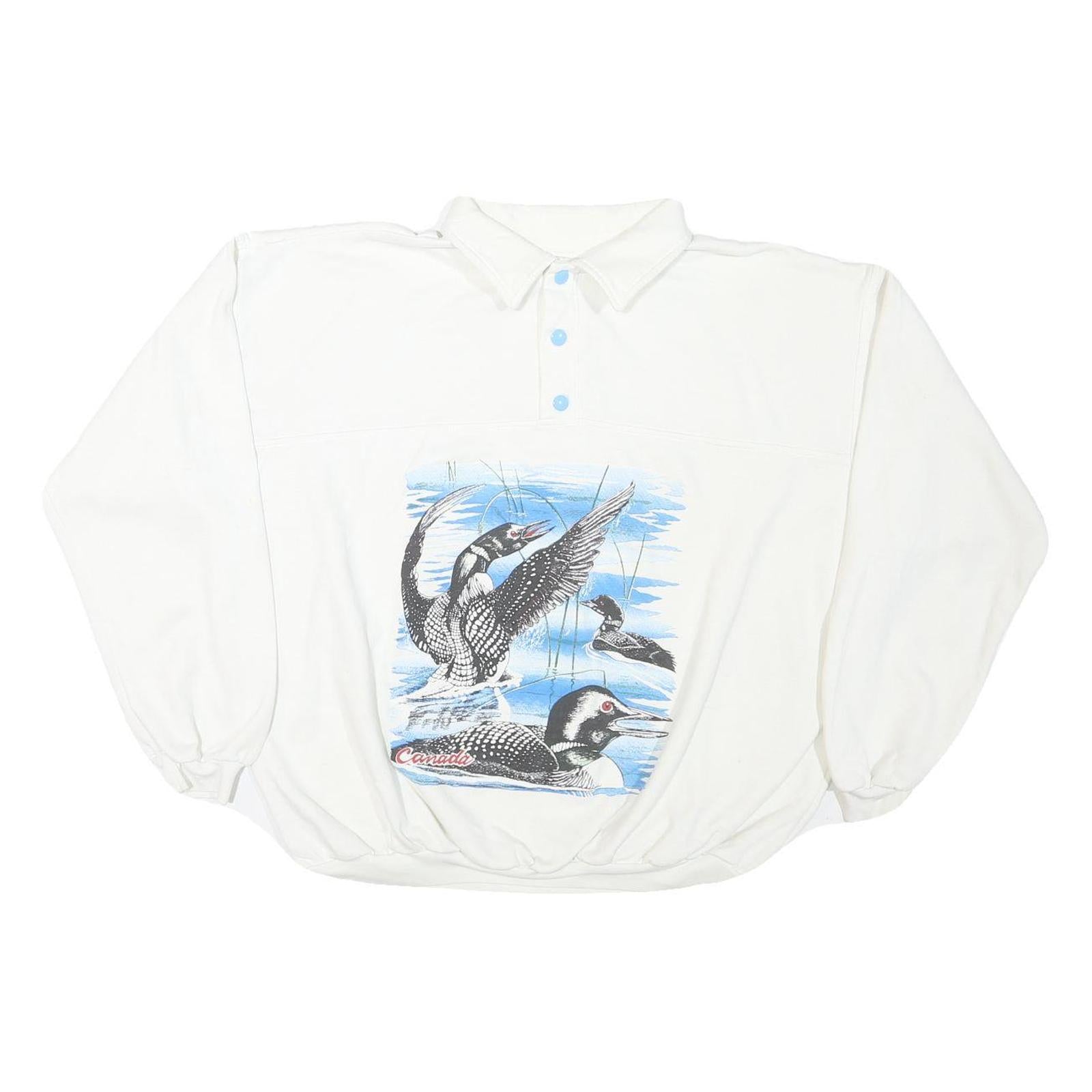 Mens White Sweatshirt Birds Graphic Cotton Blend Collar M Oversized Long Sleeve
