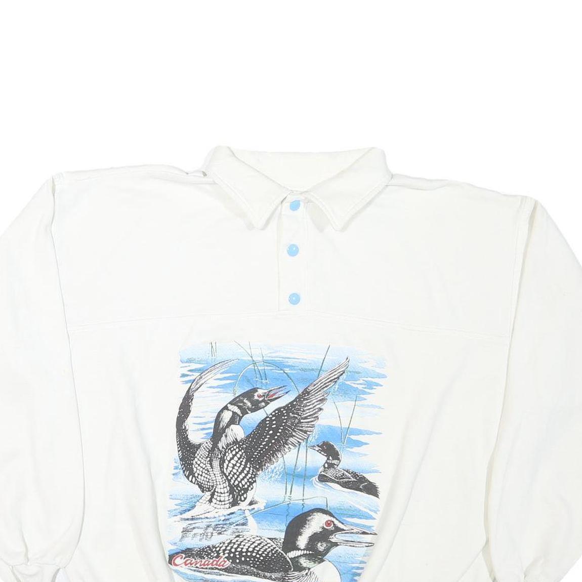 Mens White Sweatshirt Birds Graphic Cotton Blend Collar M Oversized Long Sleeve