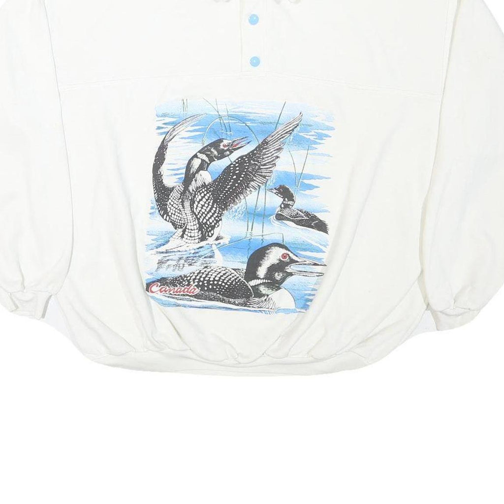 Mens White Sweatshirt Birds Graphic Cotton Blend Collar M Oversized Long Sleeve