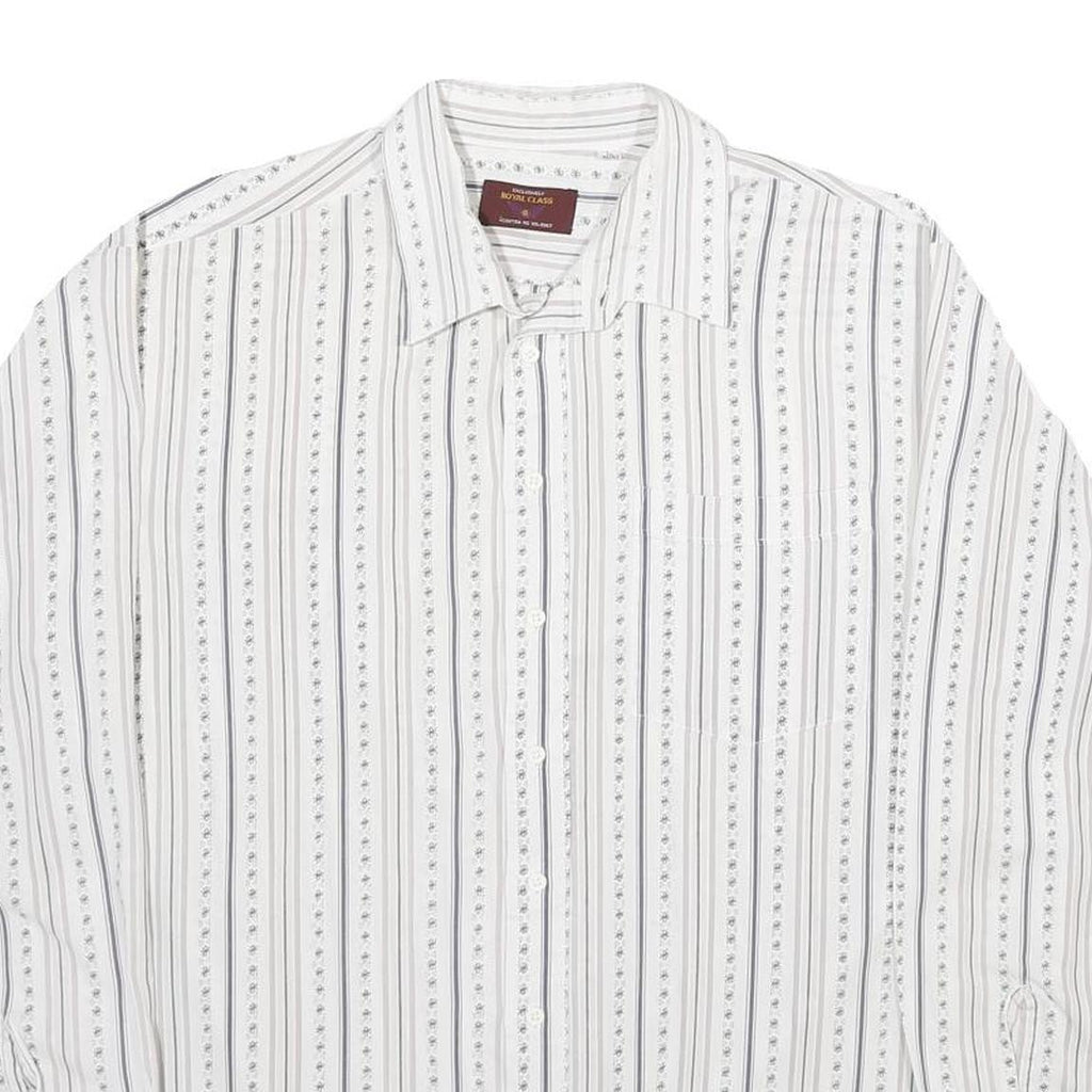 ROYAL CLASS Mens White & Grey Striped Cotton Shirt L Classic Formal Button-Up
