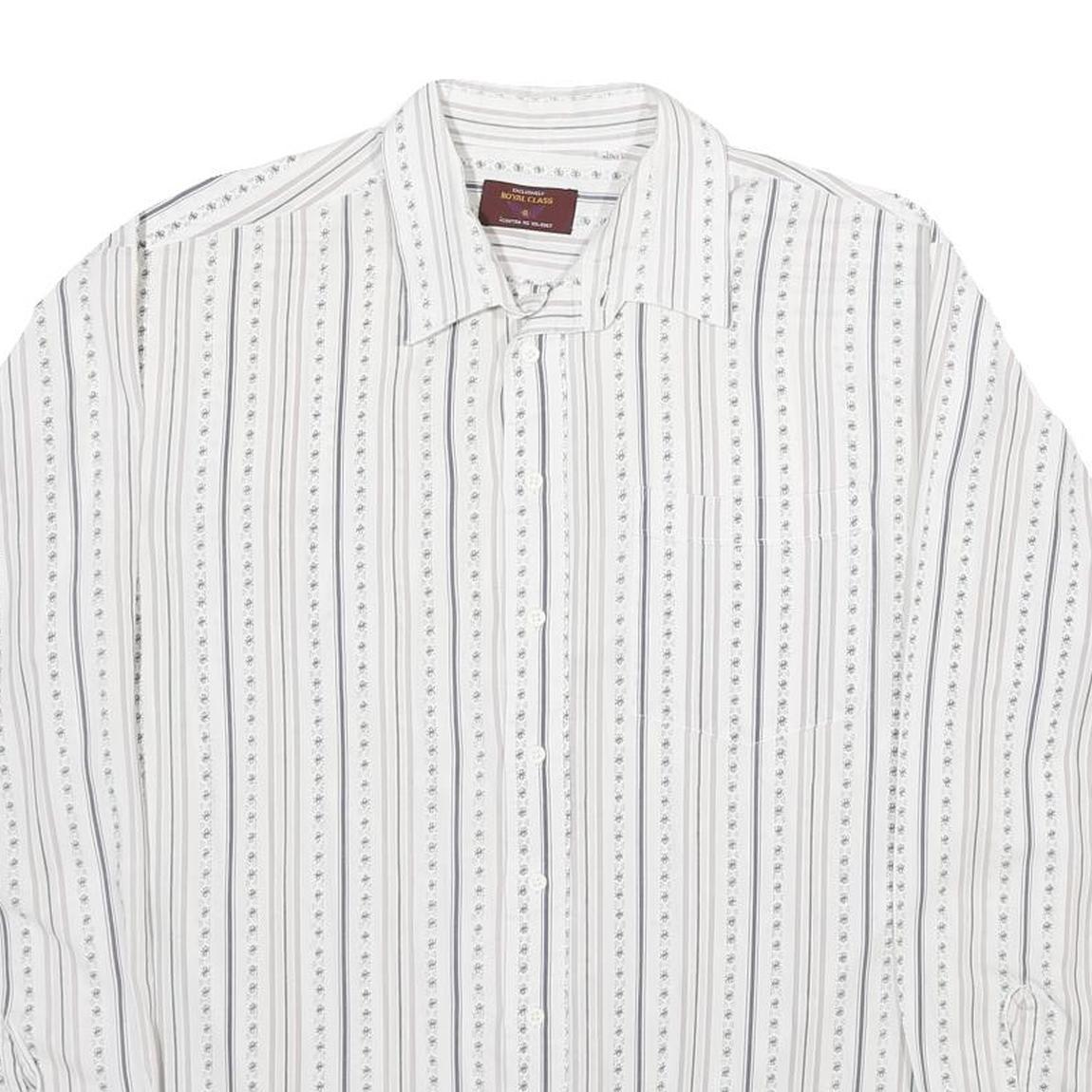 ROYAL CLASS Mens White & Grey Striped Cotton Shirt L Classic Formal Button-Up