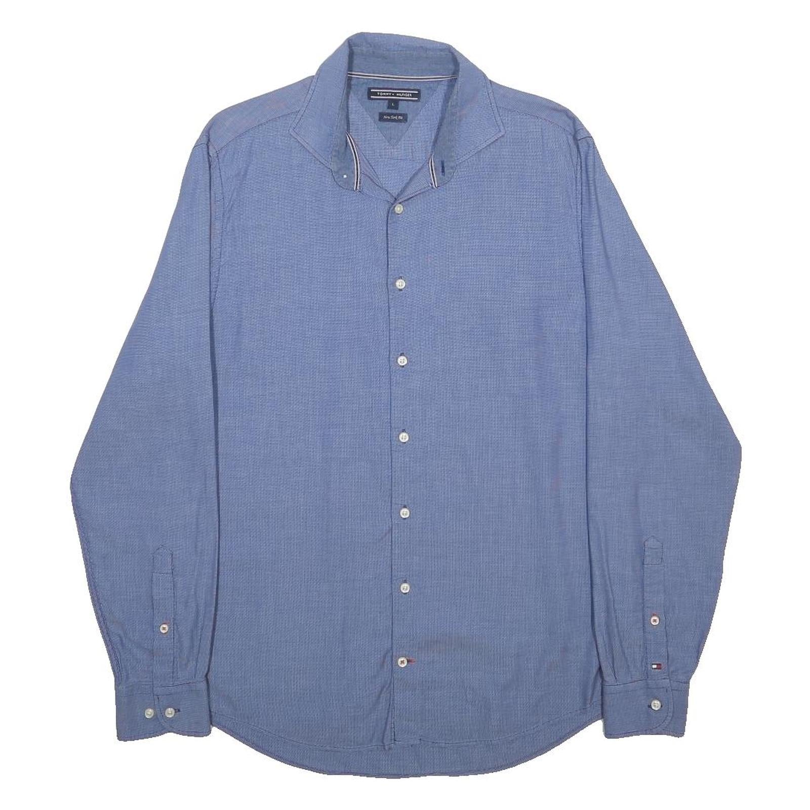 TOMMY HILFIGER Mens Blue L Cotton Blend Classic Shirt Button Down Collar Long