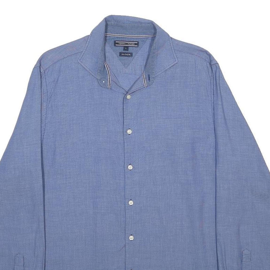 TOMMY HILFIGER Mens Blue L Cotton Blend Classic Shirt Button Down Collar Long