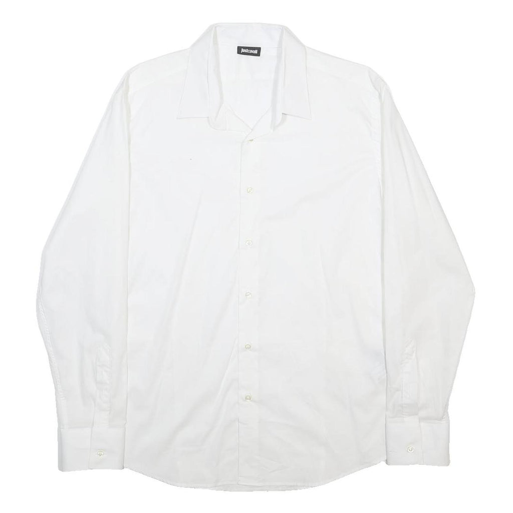 JUST CAVALLI Mens White Shirt L Classic Cotton Blend Long Sleeve Button Collar