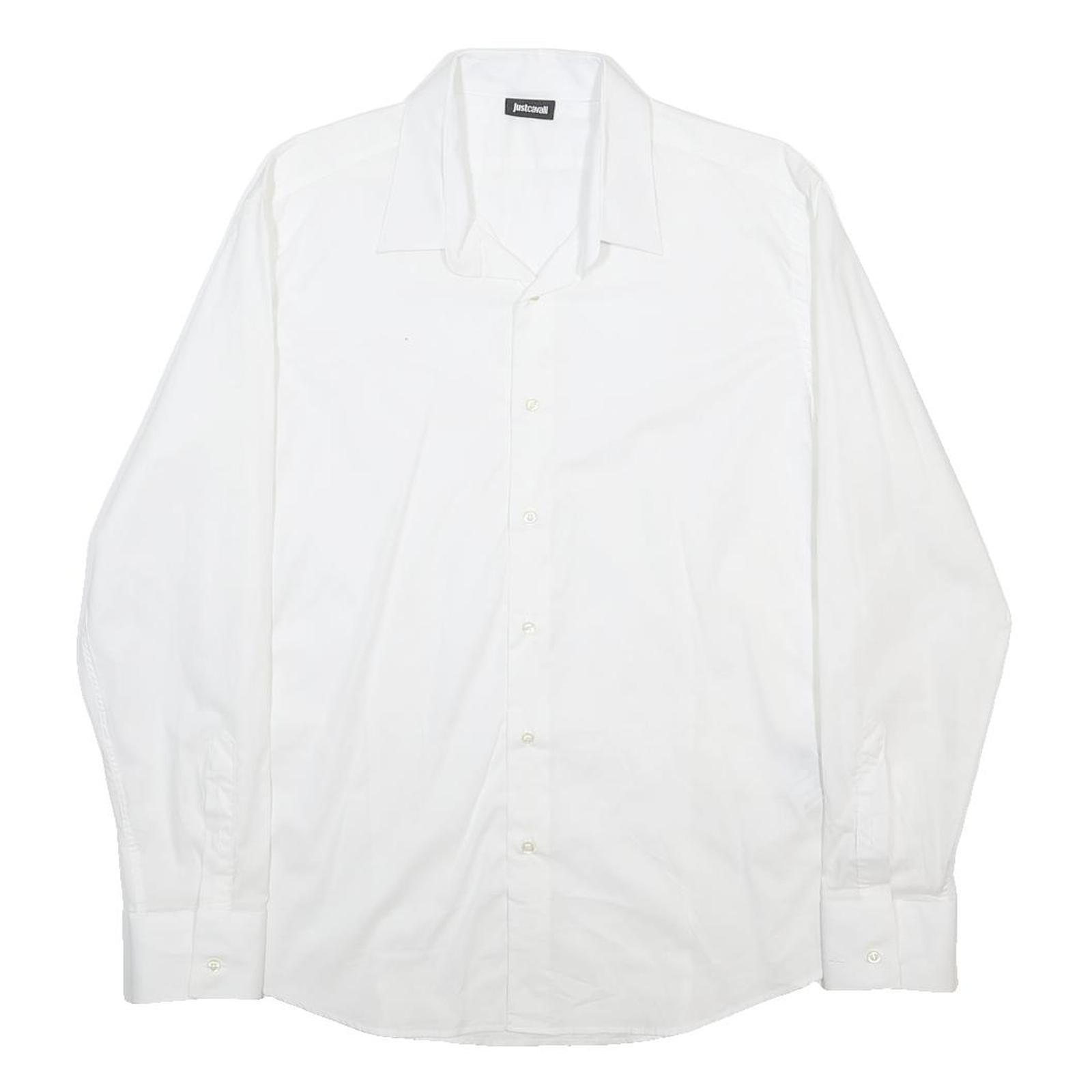 JUST CAVALLI Mens White Shirt L Classic Cotton Blend Long Sleeve Button Collar