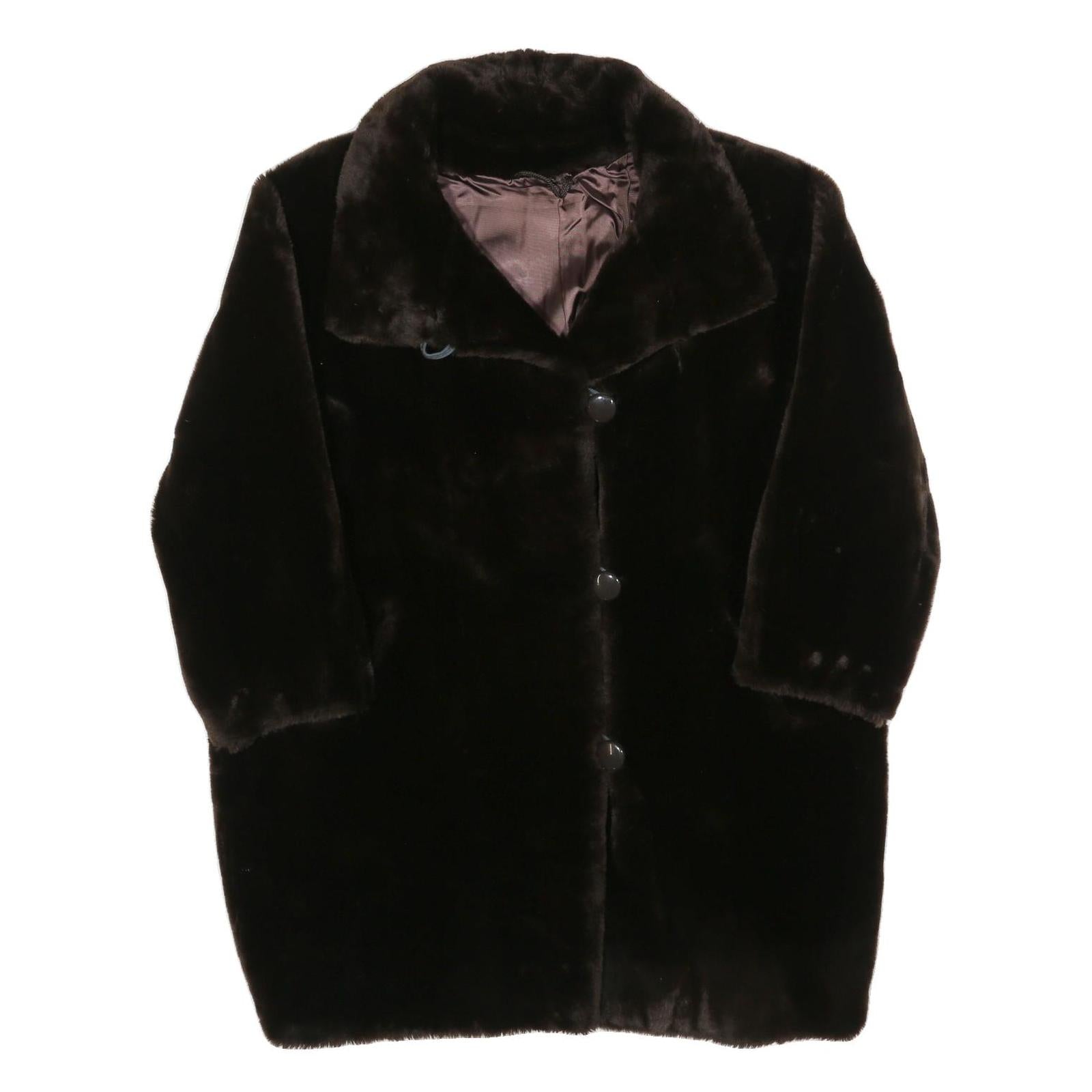 Womens Black Faux Fur Plush Coat L Polyester Blend Button Closure Warm