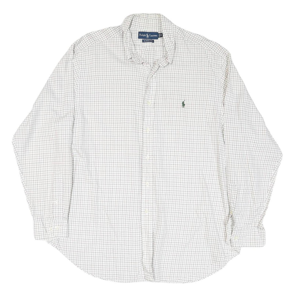 RALPH LAUREN Mens White & Navy Classic Fit Shirt XL Cotton Blend Checked Long